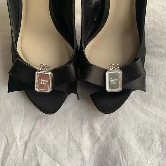Vintage Christian Dior Logo Mirror Bow Ribbon Velvet Peep Toe Pumps Heels Black - Picture 4 of 11